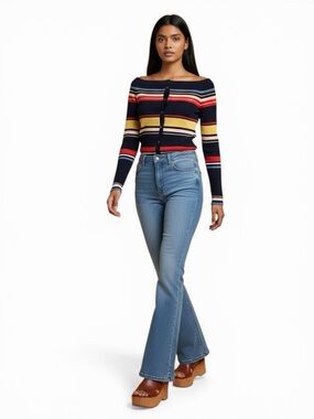 FRAME Striped Off Shoulder Button Front Knit Top S Navy Multicolor Fitted Cardi